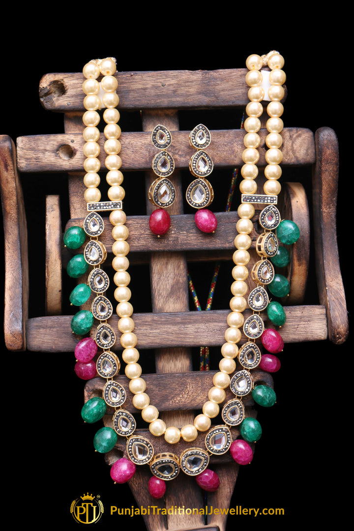 Green Red Polki Pearl Necklace Set By Punjabi Traditional Jewellery