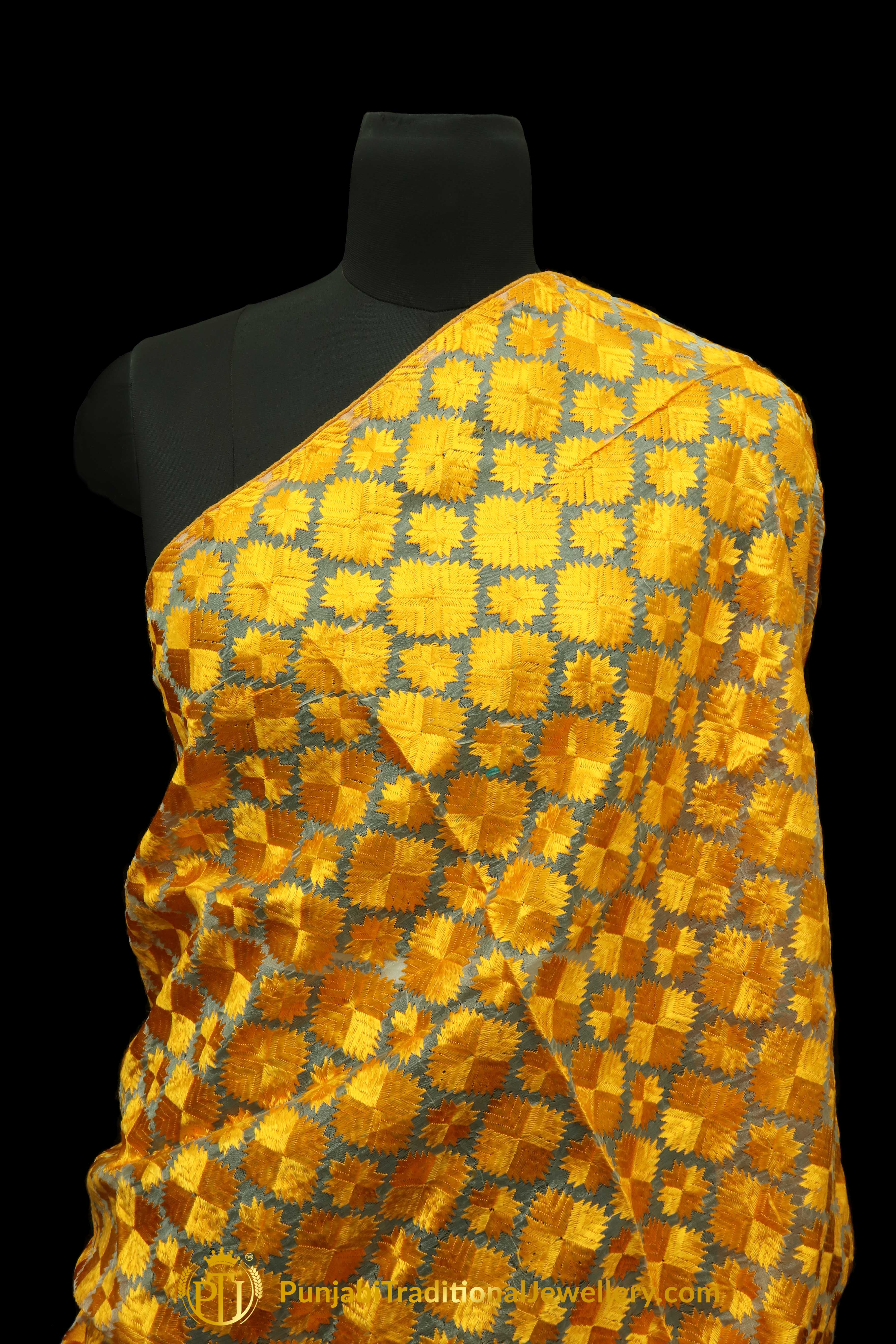 Yellow Color Pure Phulkari Dupatta By Punjabi Traditional Jewellery