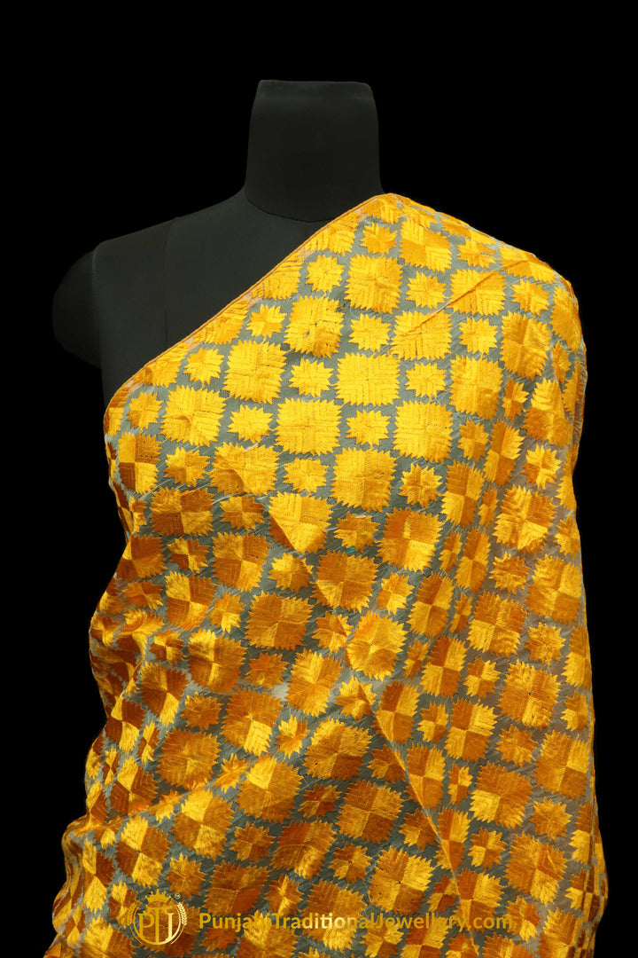 Yellow Color Pure Phulkari Dupatta By Punjabi Traditional Jewellery