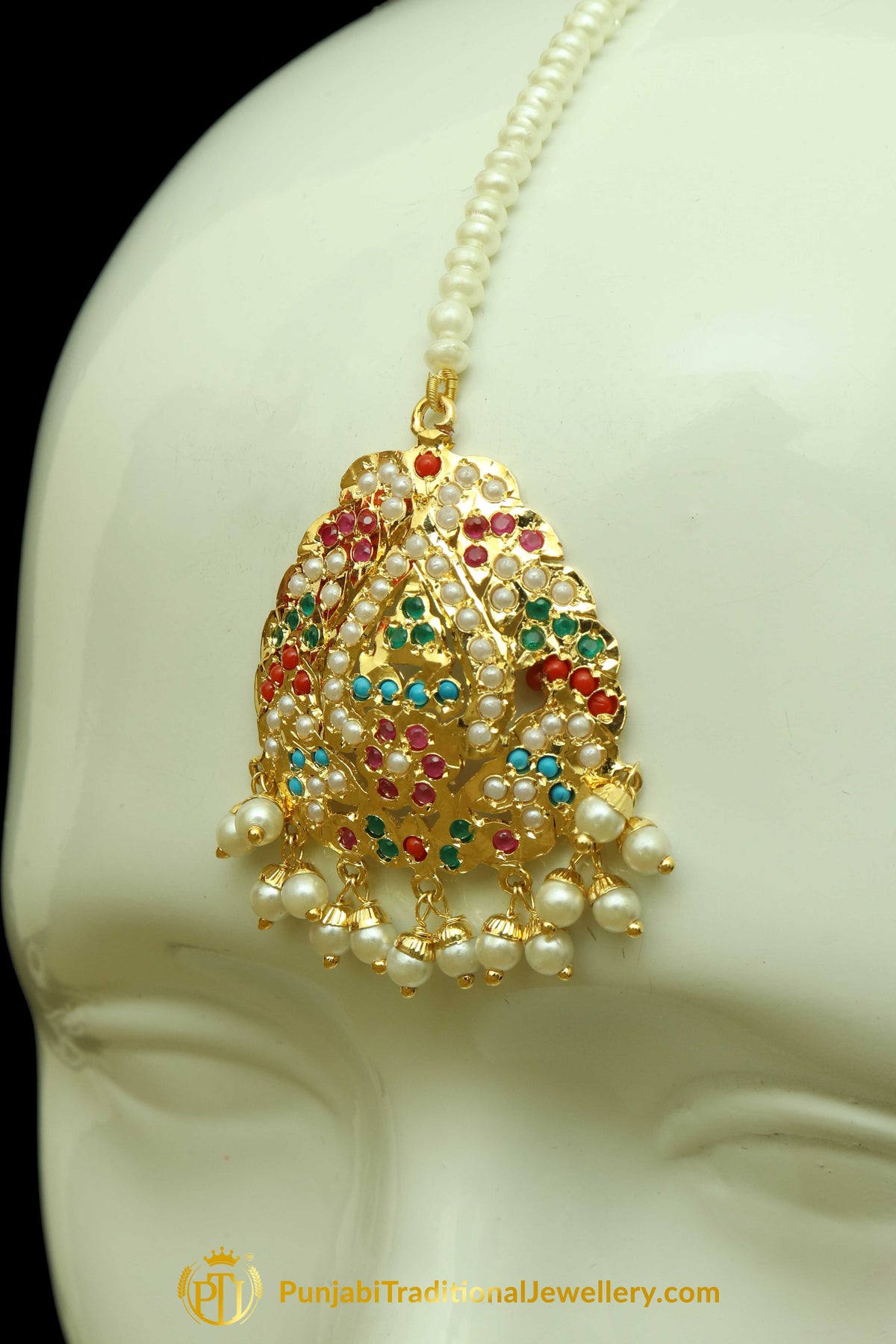 Gold Finished Navratan Jadau Earring Tikka Set By Punjabi Traditional Jewellery
