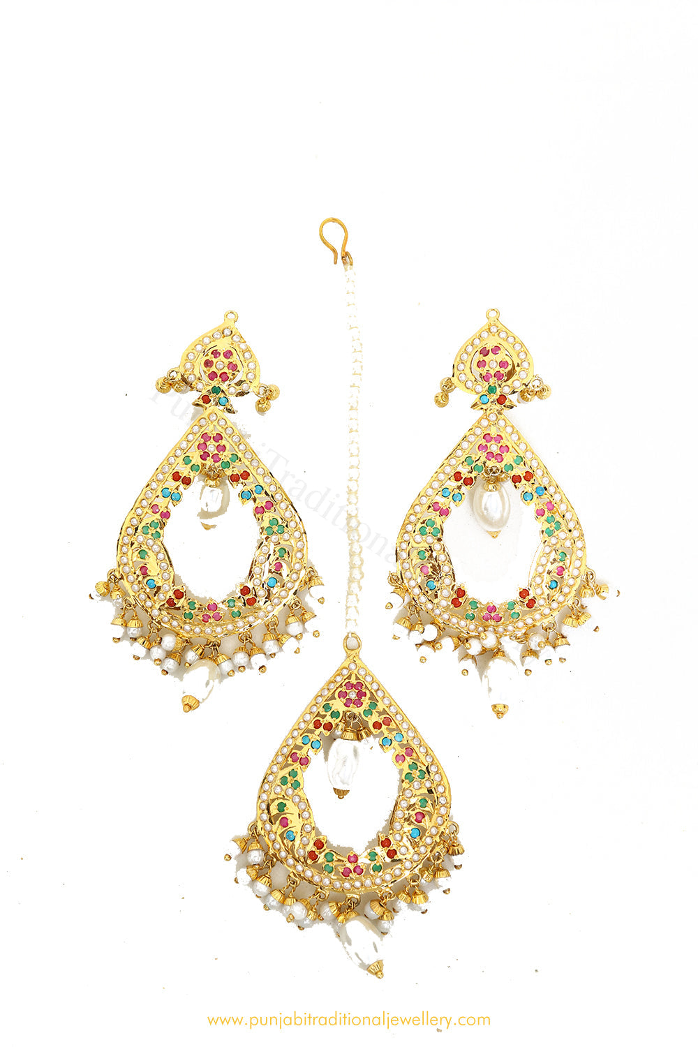 Gold Finished Navratan Jadau Earring Tikka Set By PTJ