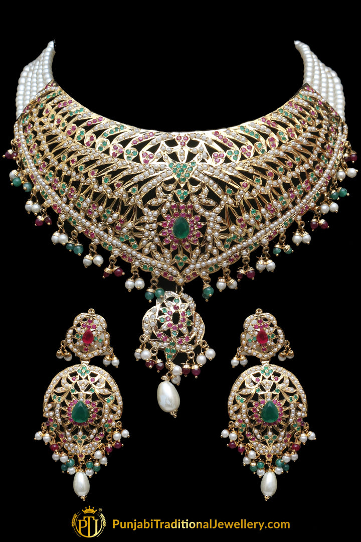 Jadau Multi Pearl Choker Necklace Set By Punjabi Traditional Jewellery