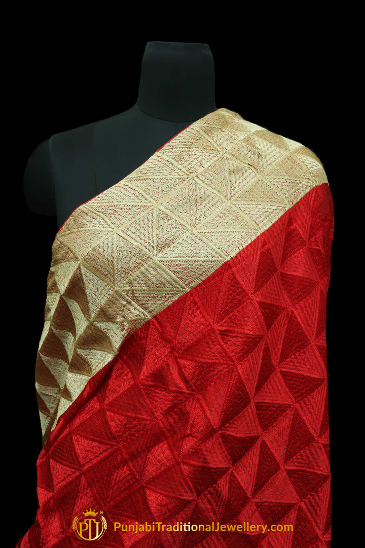 Pure Phulkari Dupatta With Golden & Red Color By Punjabi Traditional Jewellery
