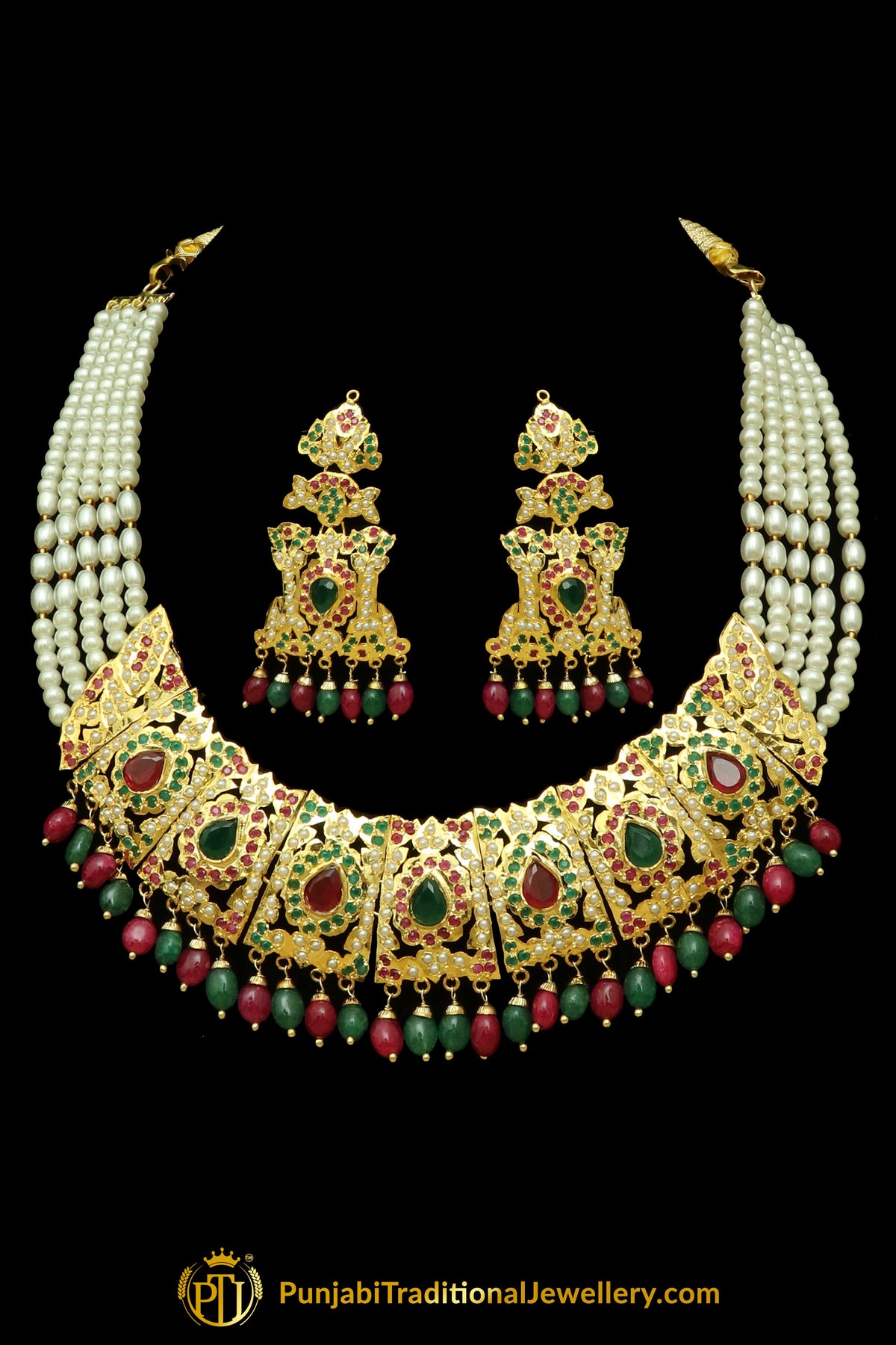 Red & Green Jadau Necklace Set By Punjabi Traditional Jewellery