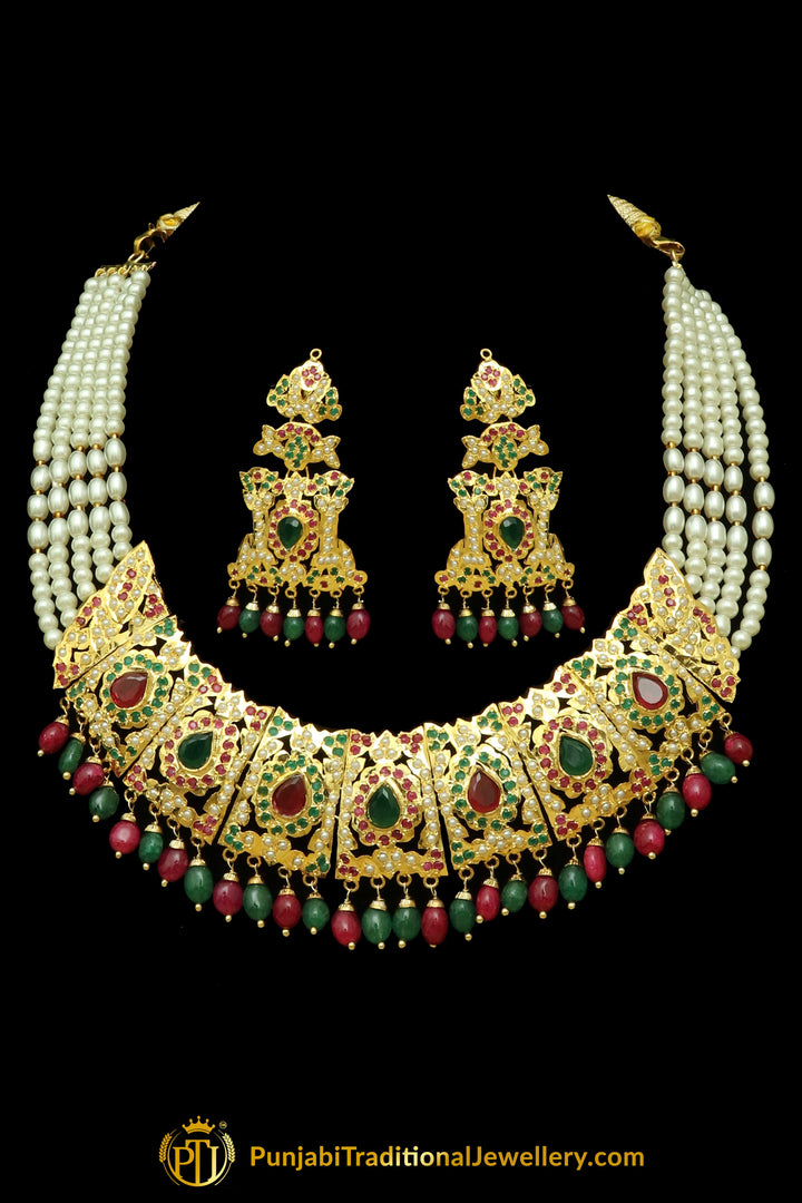 Red & Green Jadau Necklace Set By Punjabi Traditional Jewellery