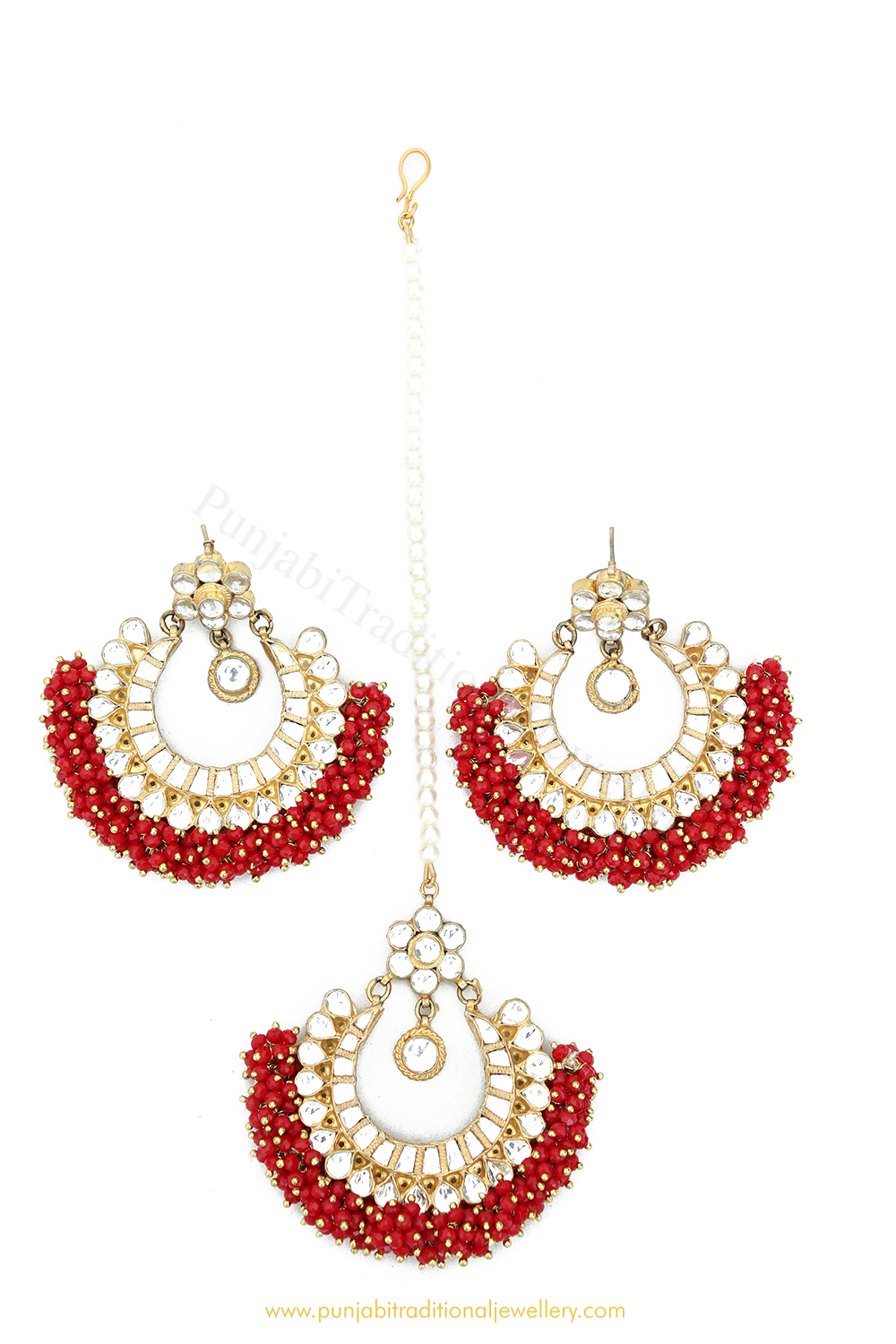 Gold Finished Red Kundan Earring Tikka Set By PTJ