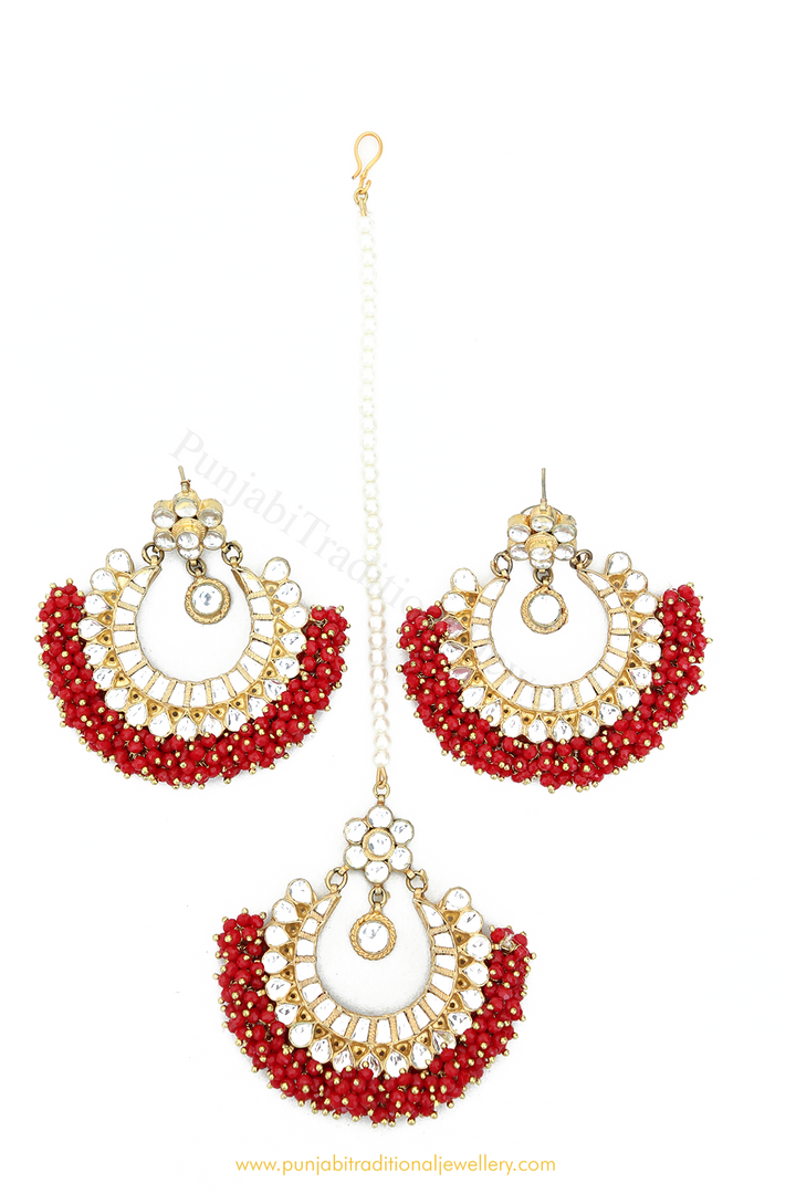 Gold Finished Red Kundan Earring Tikka Set By PTJ