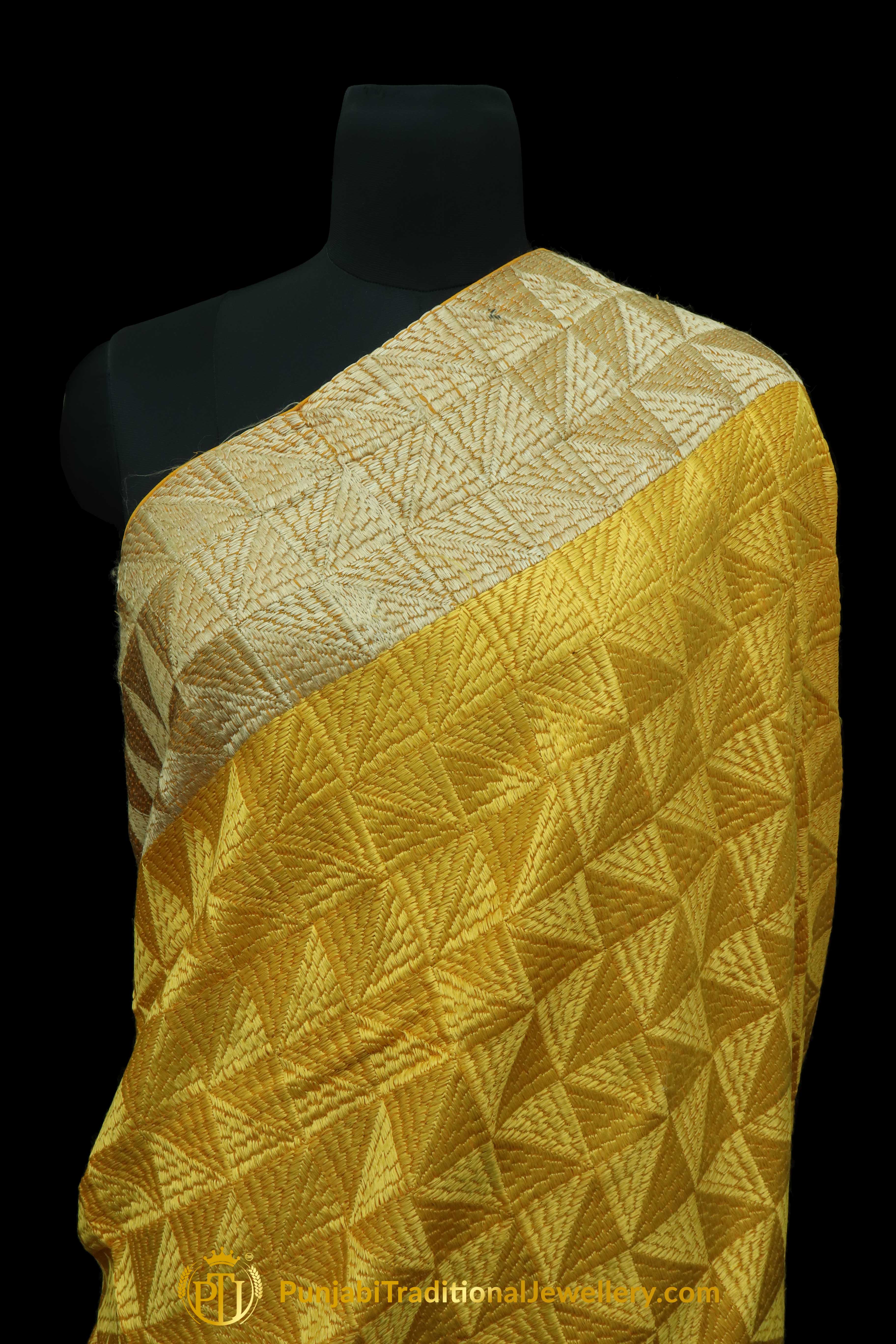 Yellow Color Pure Phulkari Dupatta By Punjabi Traditional Jewellery