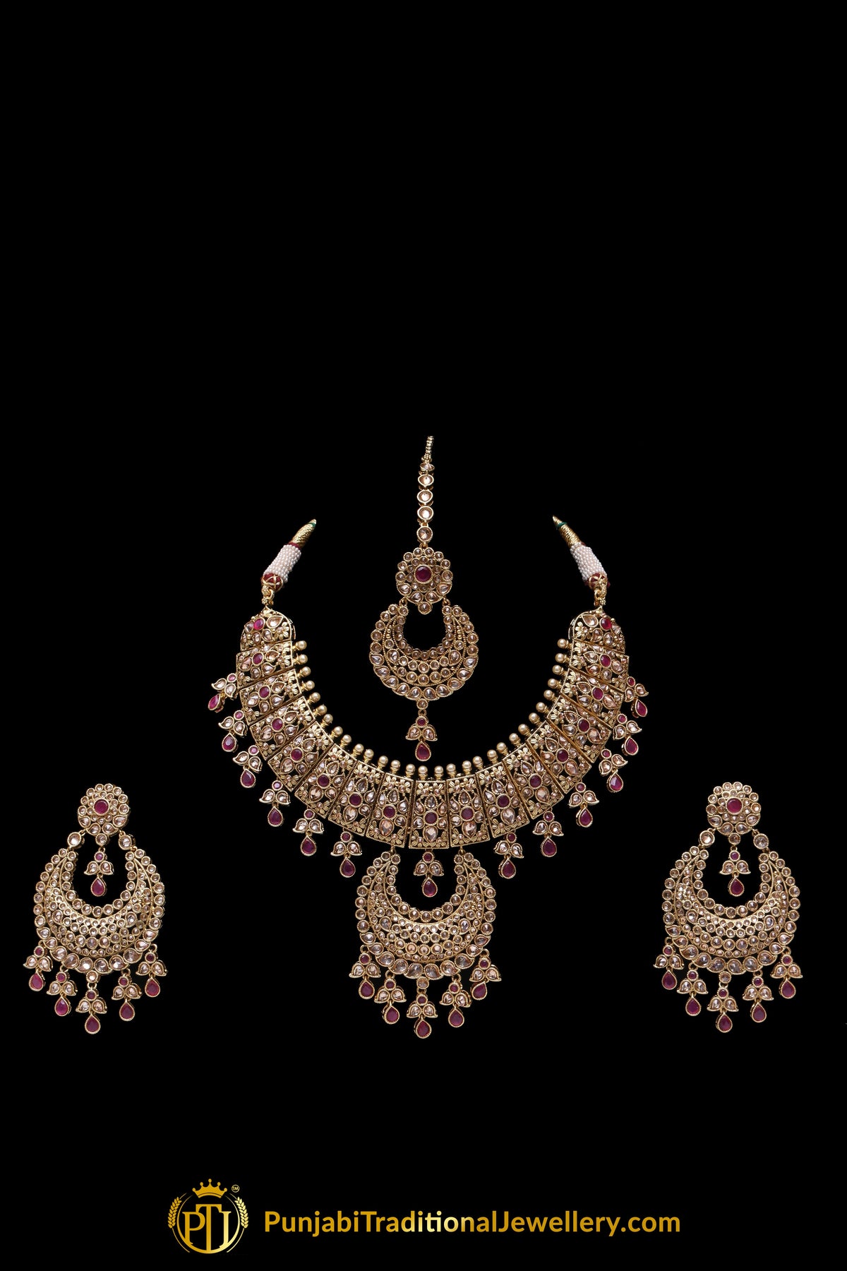 Red Pearl Champagne Stone Necklace Set By Punjabi Traditional Jewellery