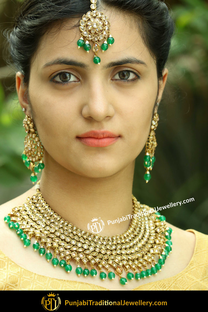 Bahij Champagne Stone Emerald Green Necklace Set By Punjabi Traditional Jewellery