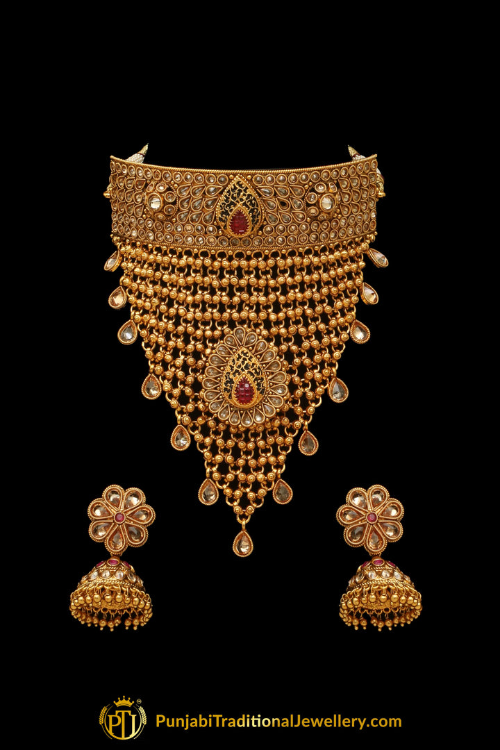 Antique Gold Choker Necklace Set By Punjabi Traditional Jewellery