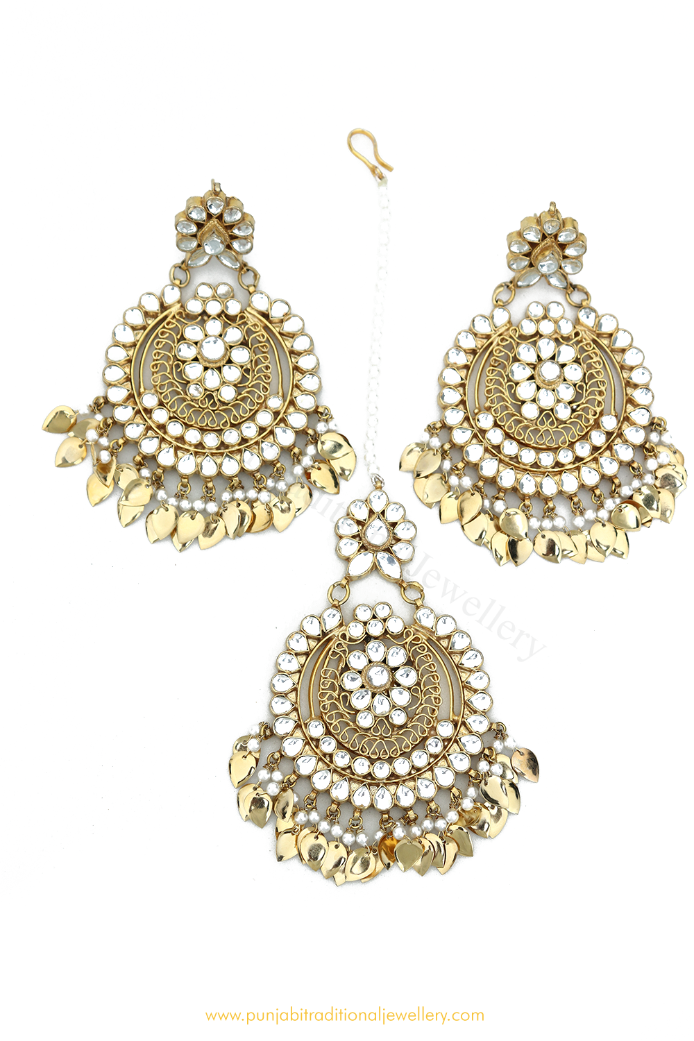 Gold FinishedPippal Patti Kundan Earring Tikka Set By PTJ