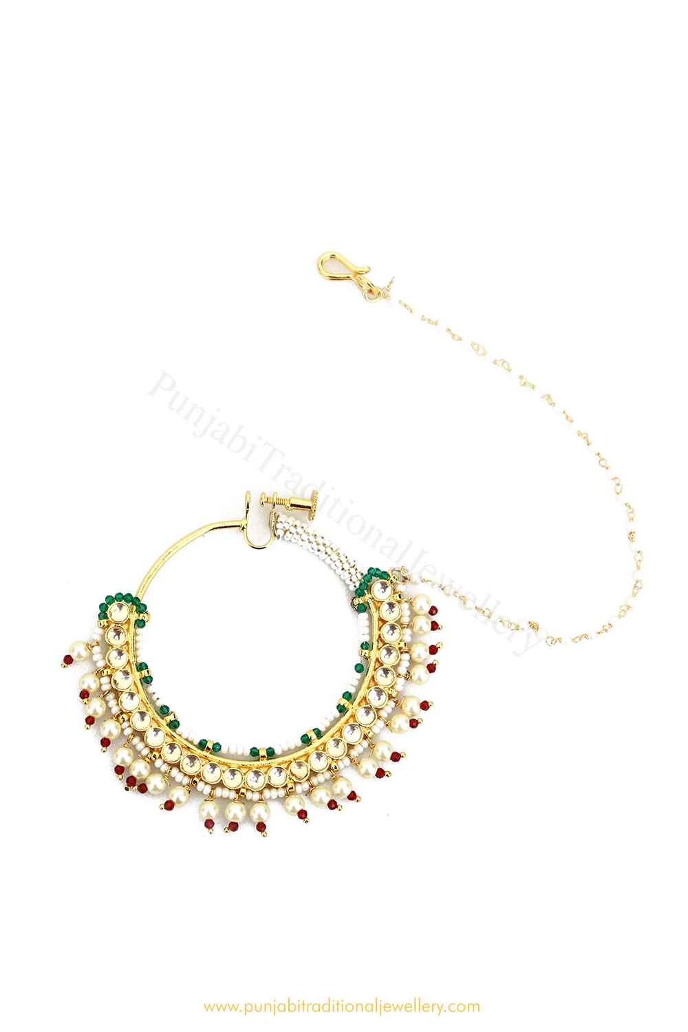 Gold Finished Rubby Emerald Kundan Nath By PTJ