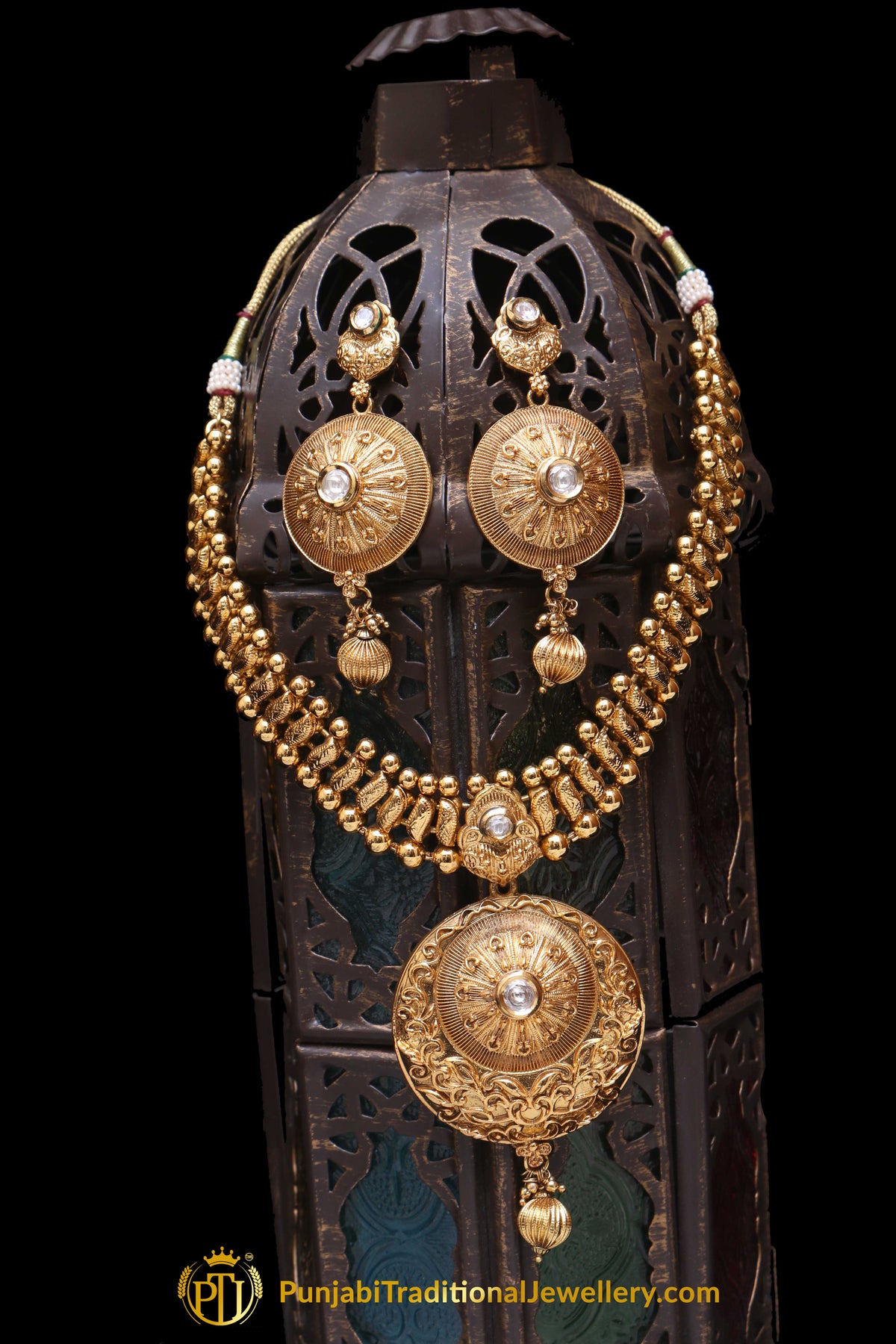 Golden Antique Gold Polki Necklace Set By Punjabi Taditional Jewellery