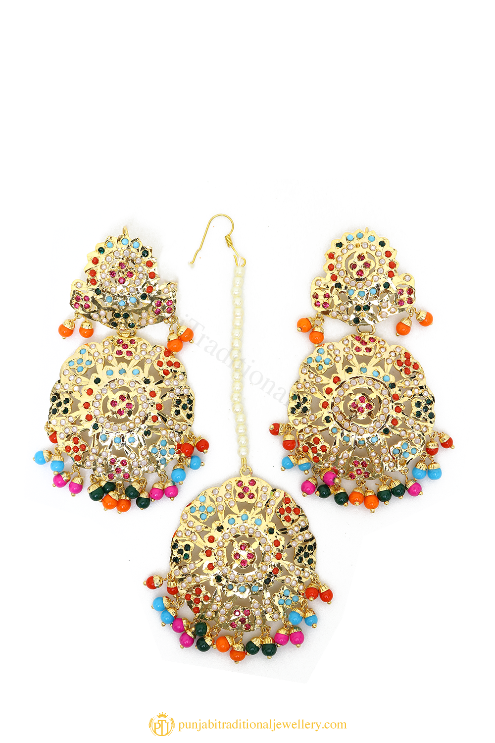 Gold Finished Earrings Tikka Set by PTJ – Punjabi Traditional