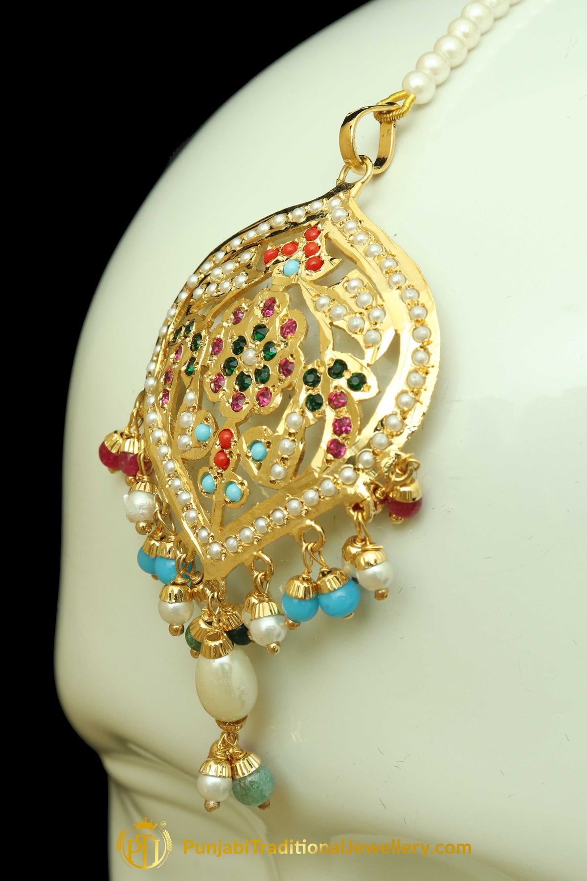 Multi Jadau Pearl Earring Tikka Set By Punjabi Traditional Jewellery