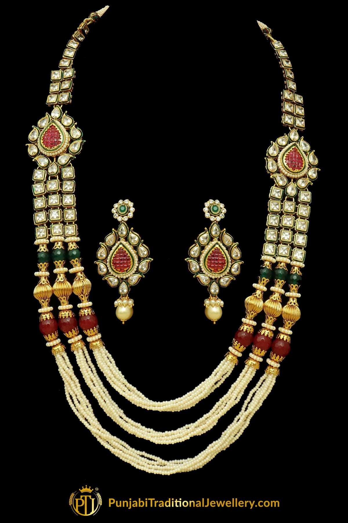 Green & Red Jodha Necklace Set By Punjabi Traditional Jewellery