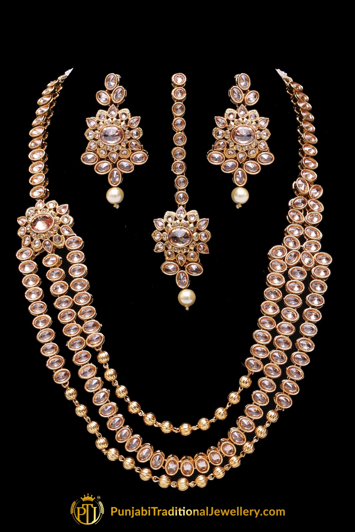 Champagne Stone Antique Gold Necklace Set By Punjabi Traditional Jewellery