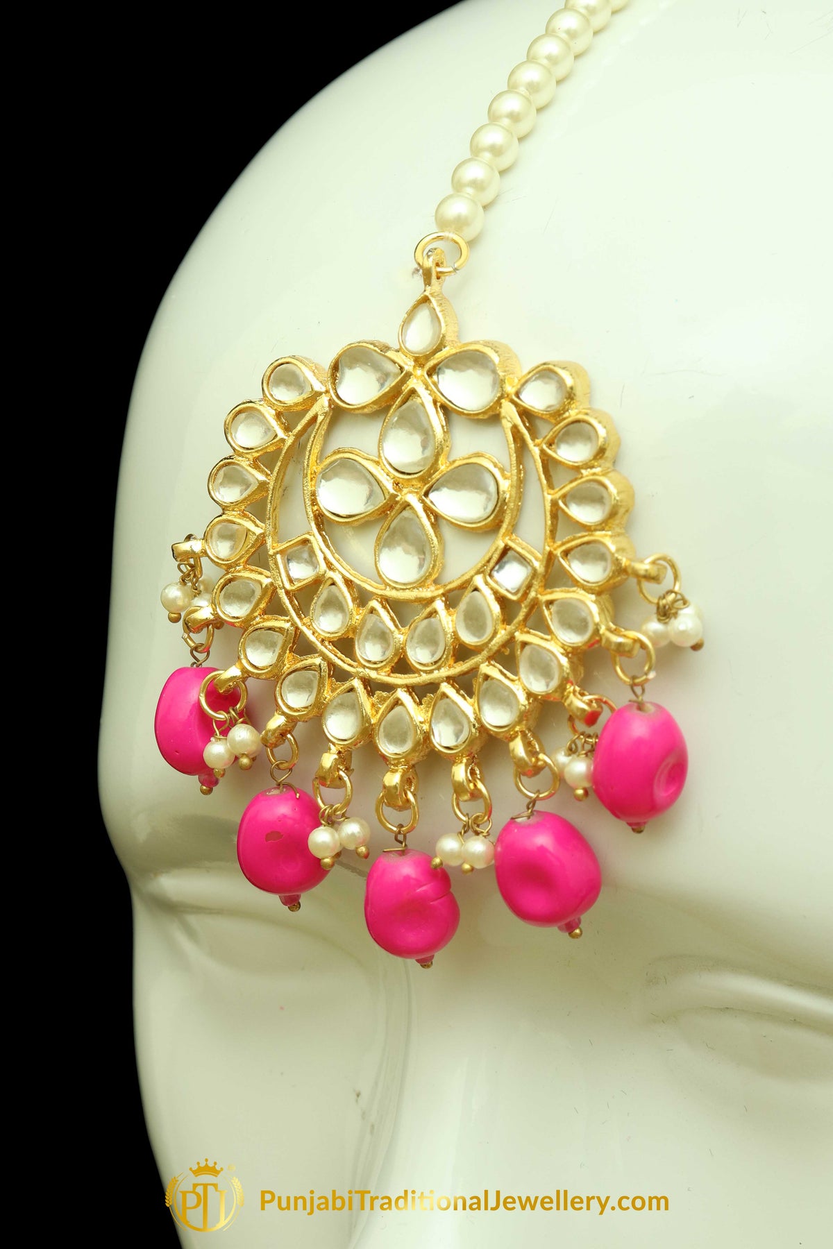 Pink Kundan Earring Tikka Set By Punjabi Traditional Jewellery