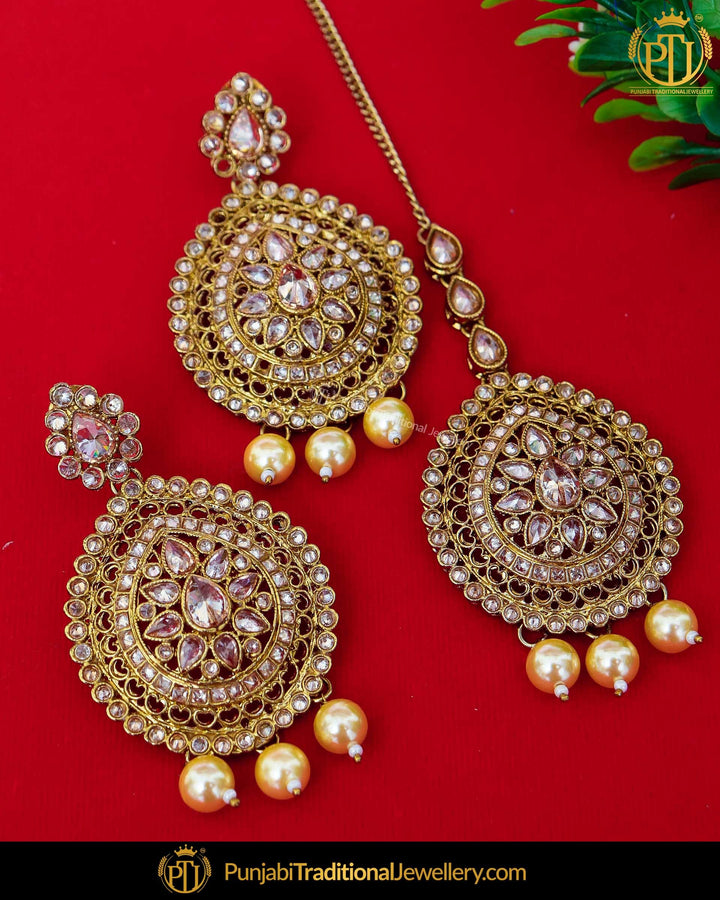 Antique Gold Finished Chamapgne Stone Pearl Earring Tikka Set | Punjabi Traditional Jewellery Exclusive