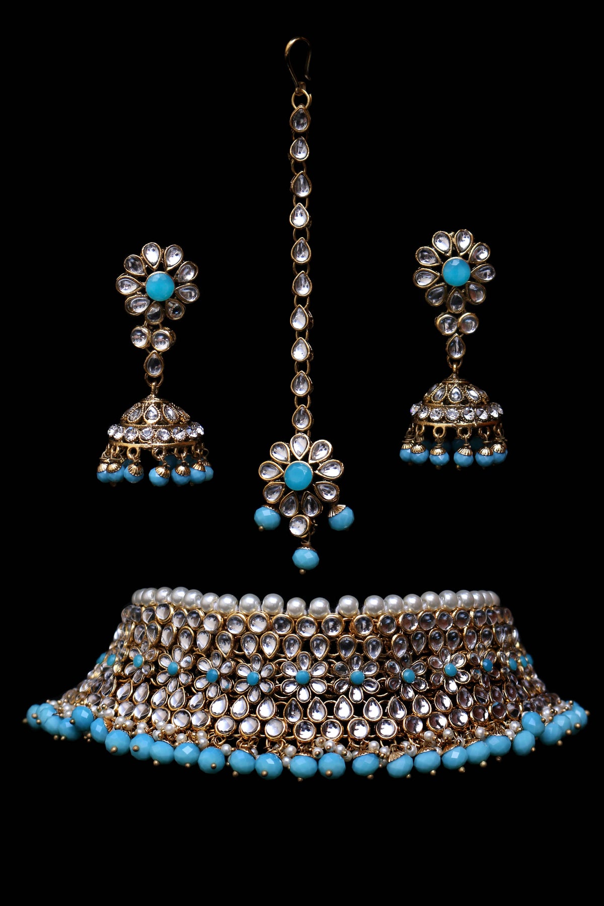 Firozi Kundan Choker Necklace Set By Punjabi Traditional Jewellery