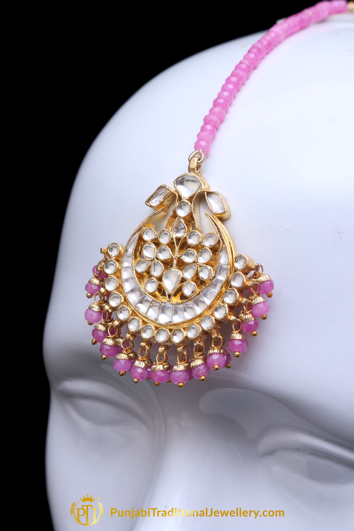 Pink Kundan Pearl Earring Tikka Set By Punjabi Traditional Jewellery