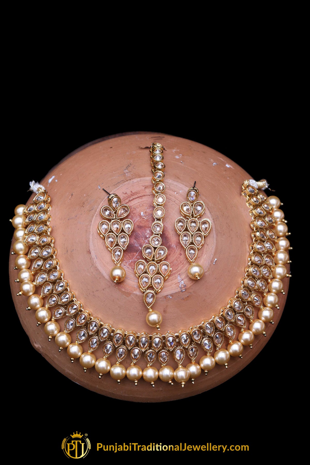 Pearl Champagne Stone Necklace Set By Punjabi Taditional Jewellery