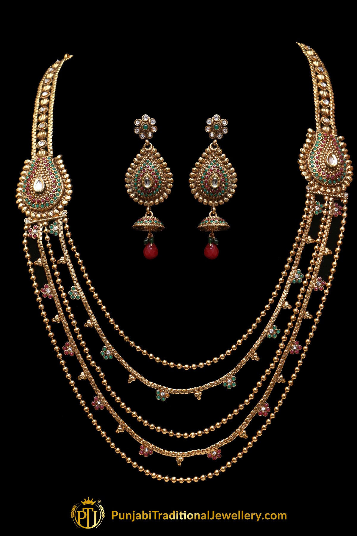 Green & Red Polki Necklace Set By Punjabi Traditional Jewellery