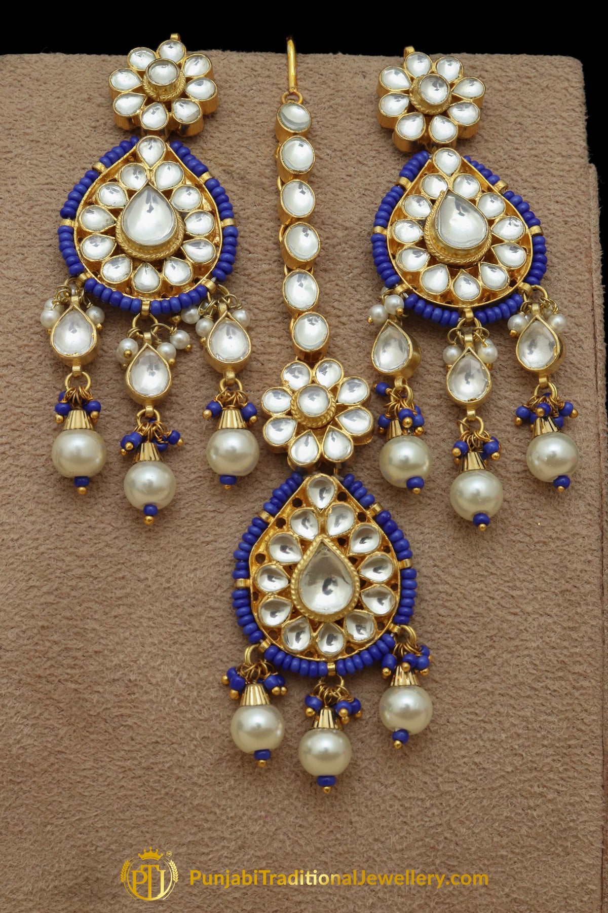 Blue Kundan Pearl Earring Tikka Set | Punjabi Traditional Jewellery Exclusive