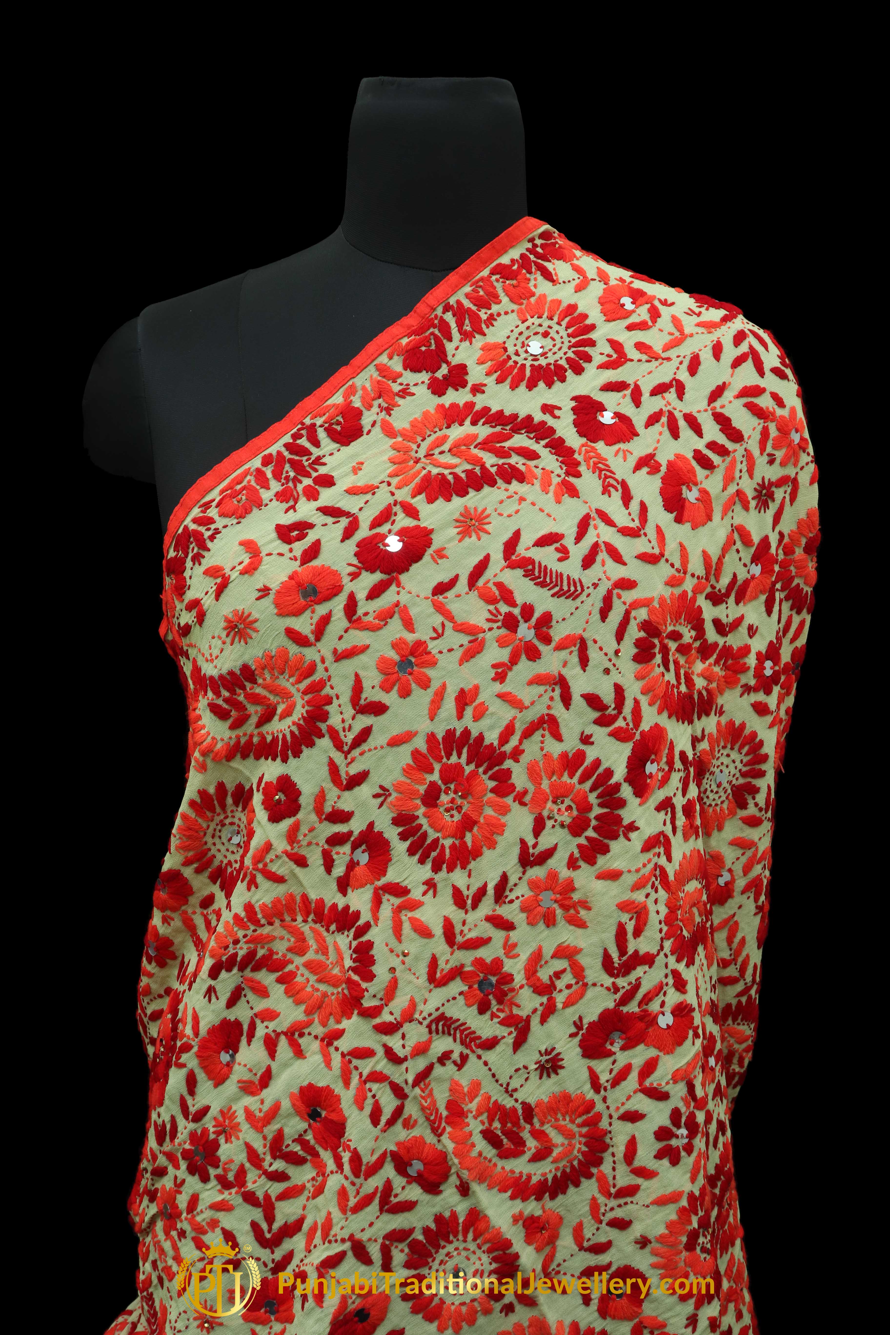 Red Color Pure Phulkari Dupatta By Punjabi Traditional Jewellery