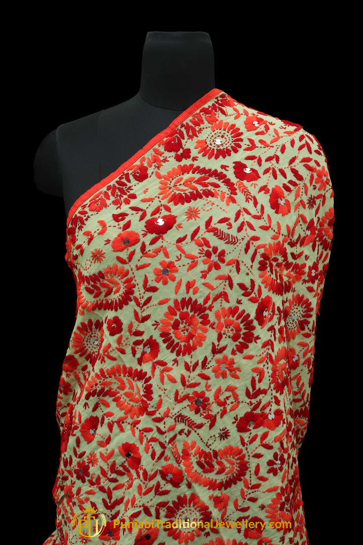 Red Color Pure Phulkari Dupatta By Punjabi Traditional Jewellery