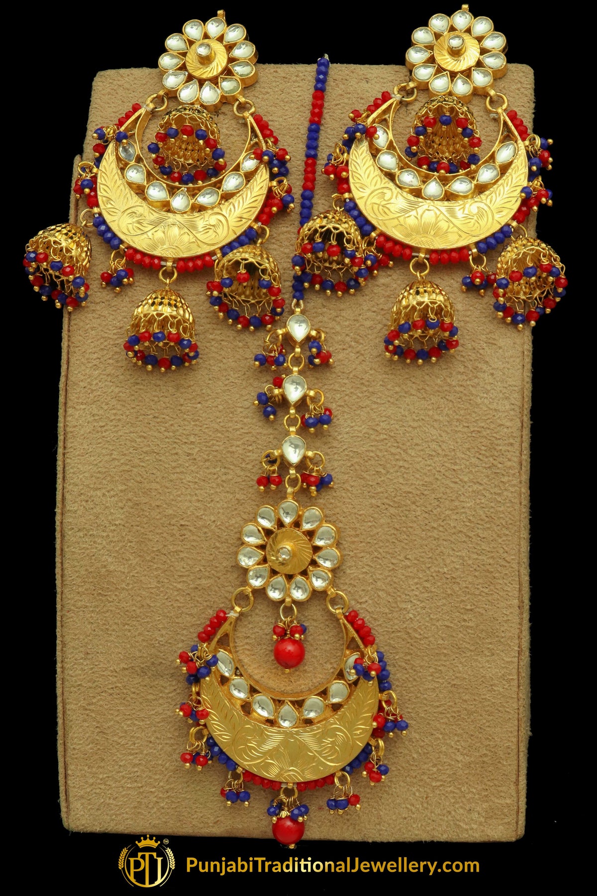 Abeera Red Blue Gold Plated Kundan Earring Tikka Set | Punjabi Traditional Jewellery Exclusive