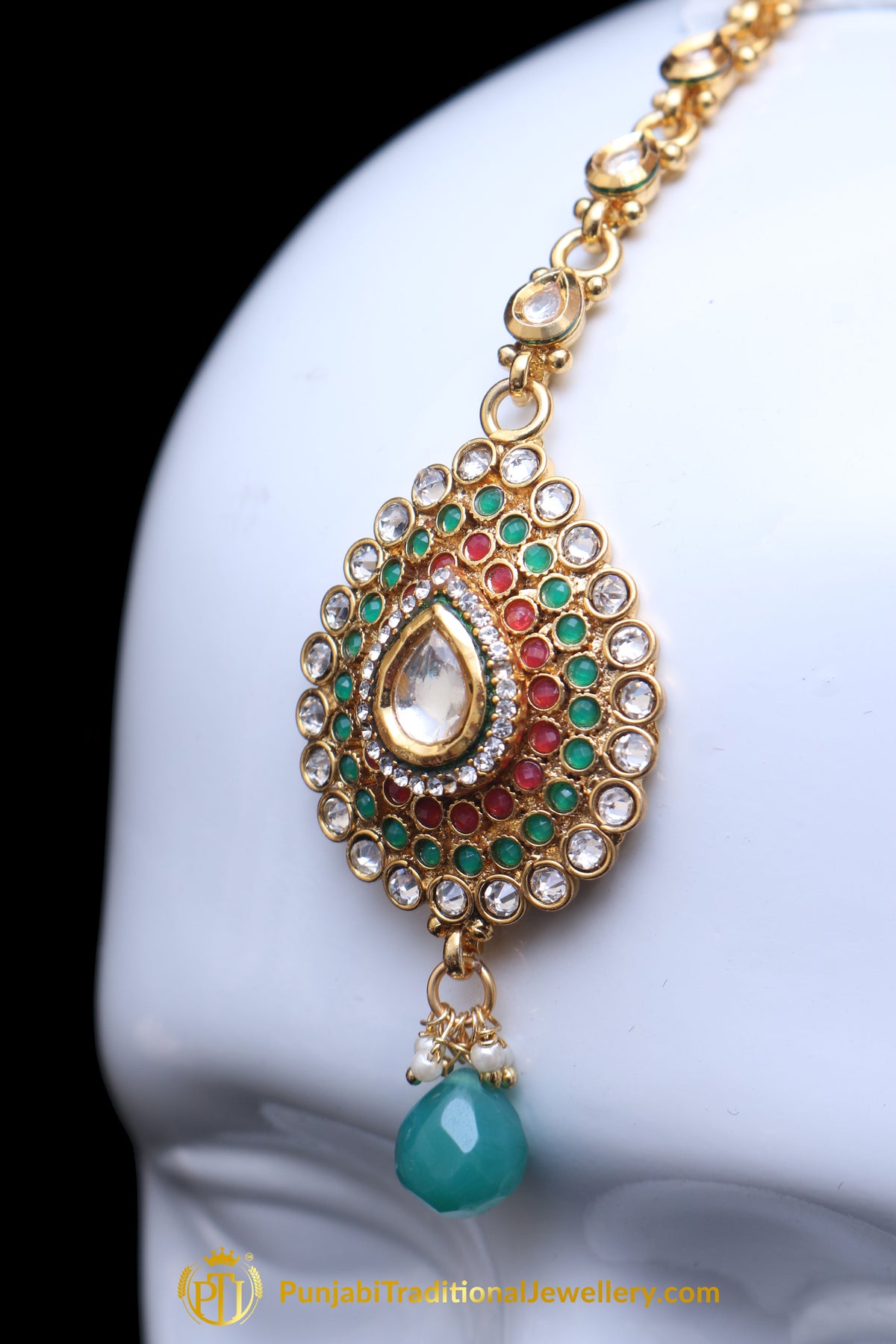 Green Maroon Polki Earring Tikka Set By Punjabi Traditional Jewellery