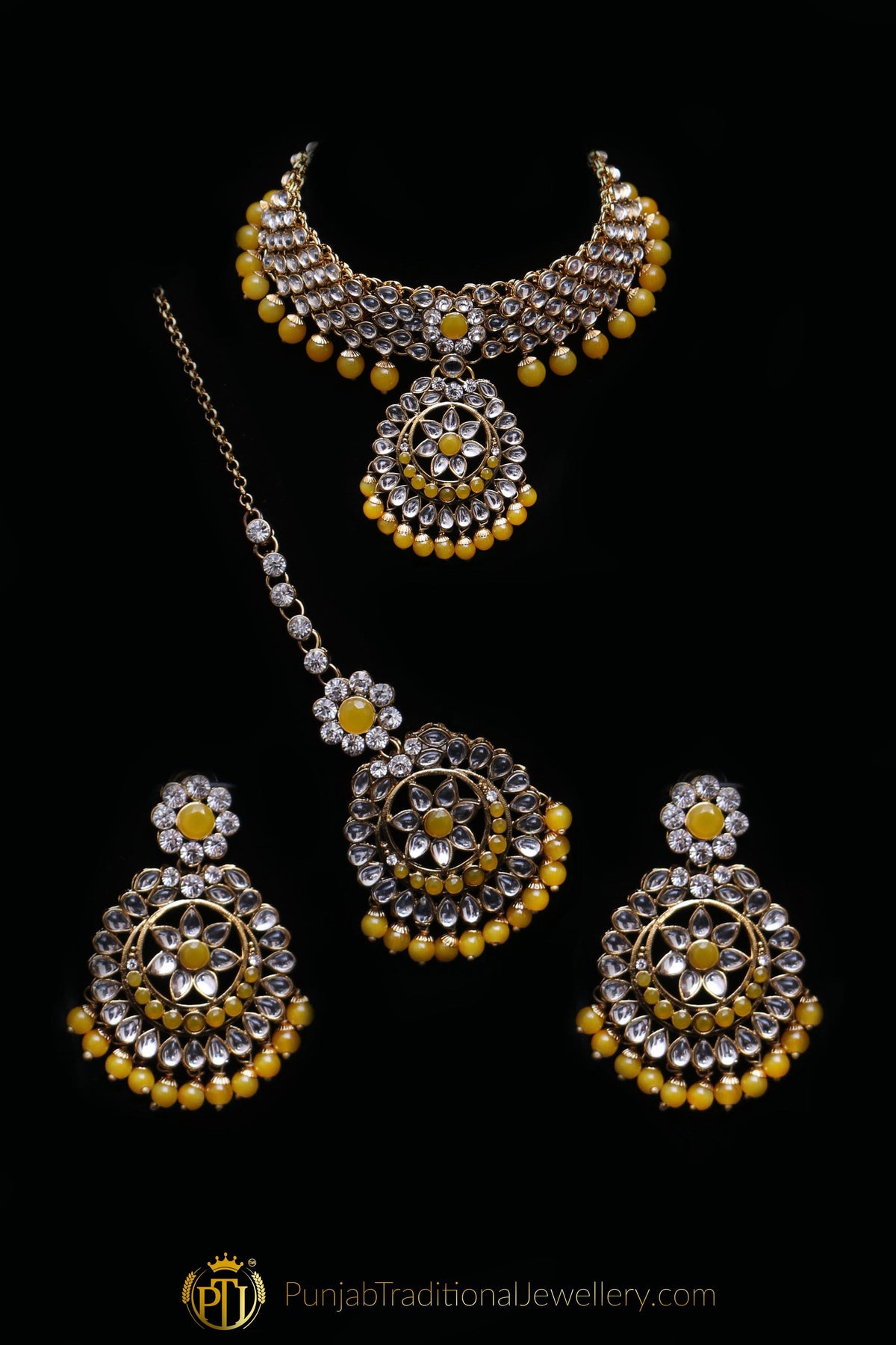 Yellow Kundan Necklace Set By Punjabi Traditional Jewellery