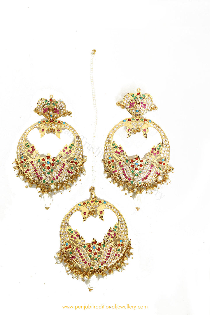 Gold Finished Jadau Navratan Earring Tikka Set By PTJ