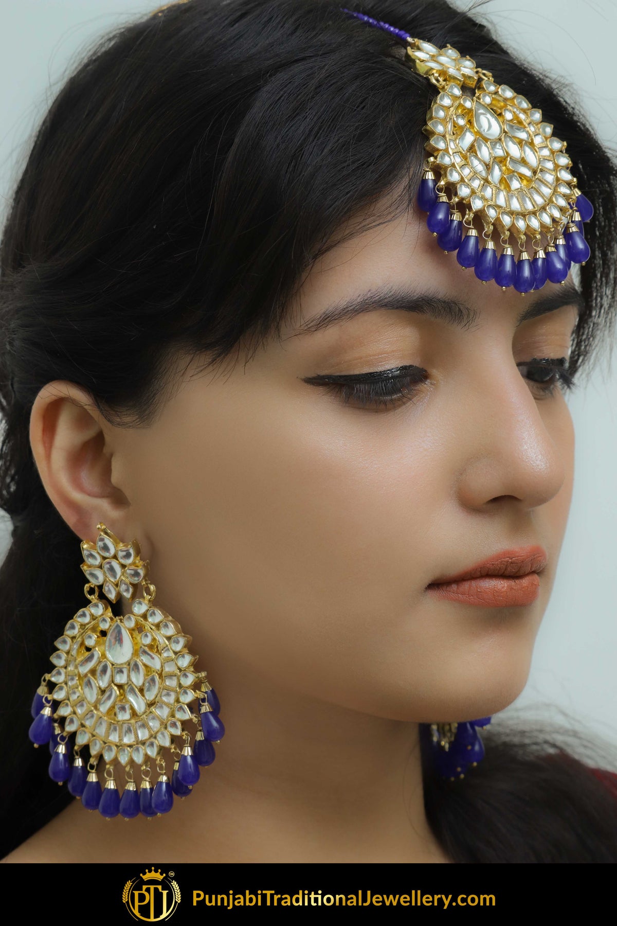 Barzah Blue Kundan Earring Tikka Set | Punjabi Traditional Jewellery