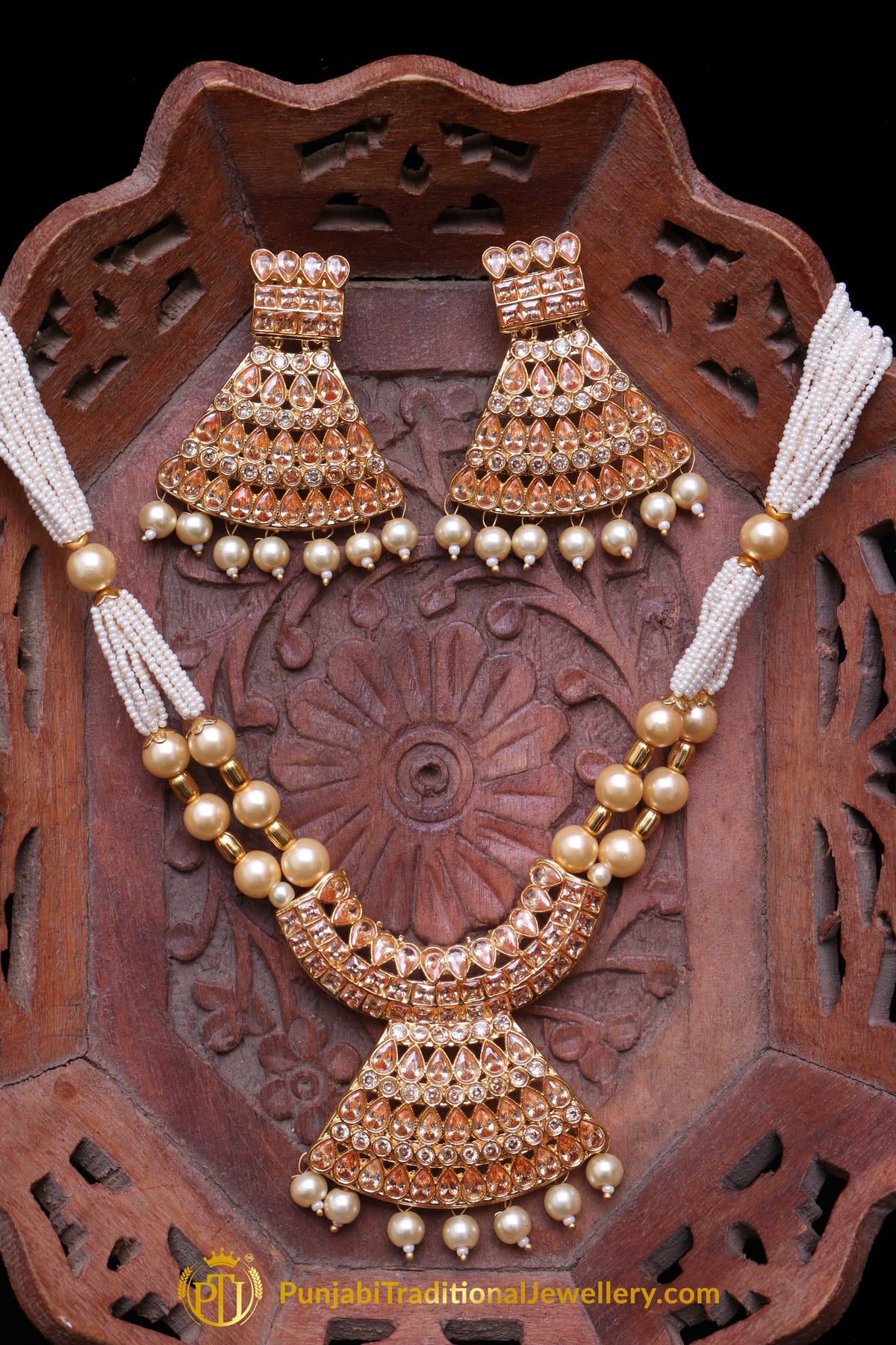Pearl Champagne Stone Necklace Set By Punjabi Taditional Jewellery