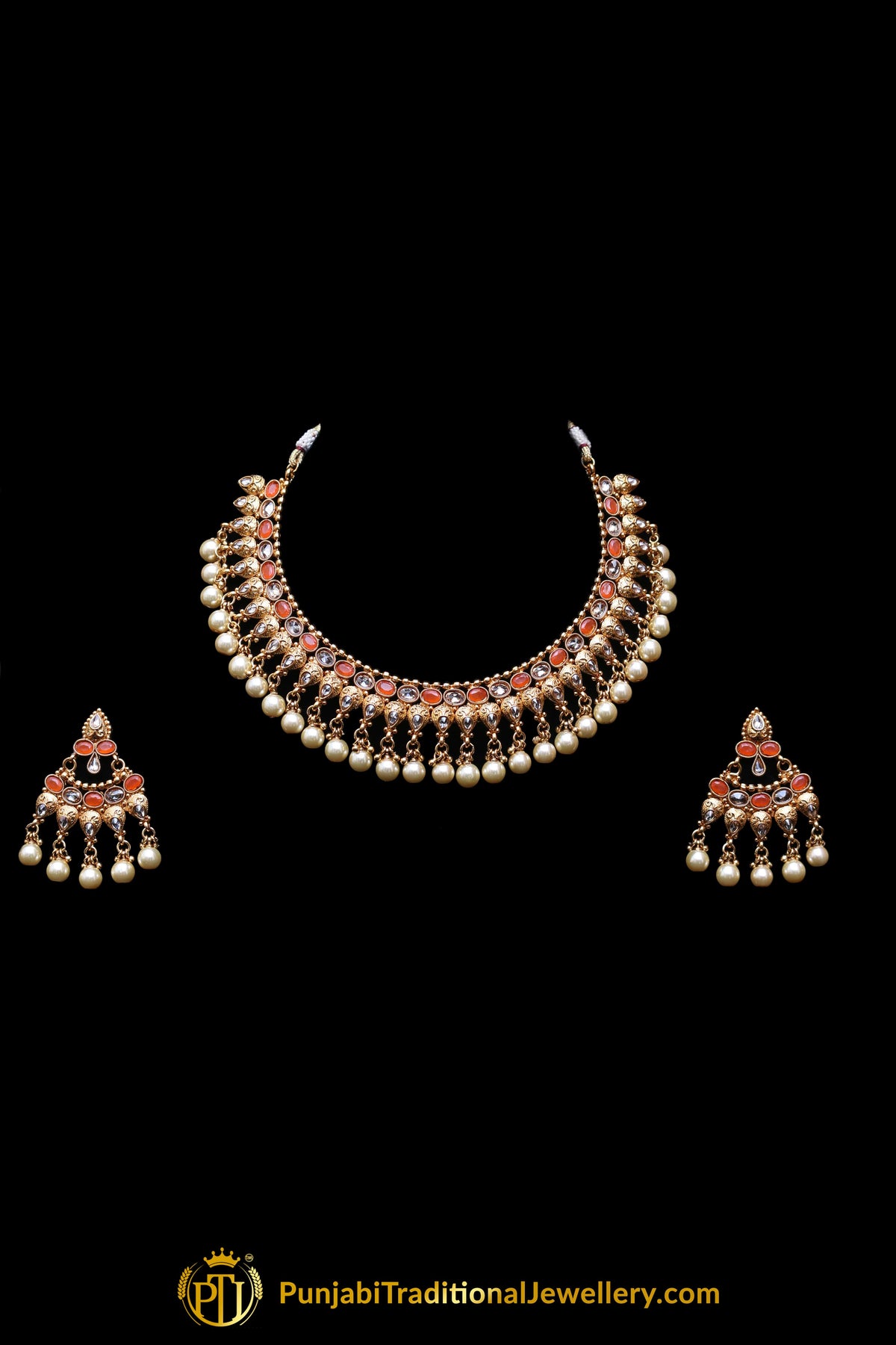 Orange White Pearl Polki Necklace Set By Punjabi Taditional Jewellery