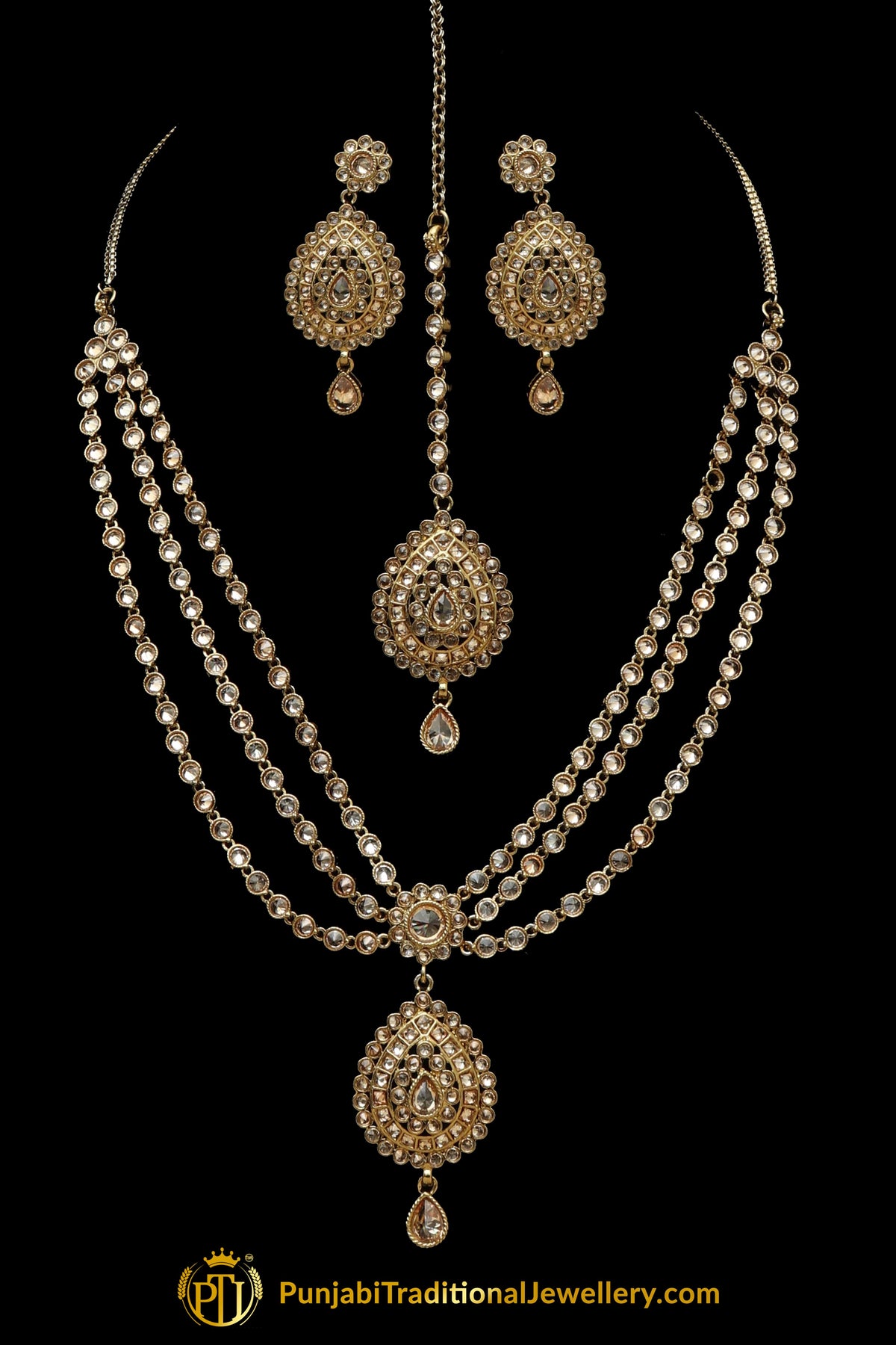 Golden Champagne Stone Necklace Set By Punjabi Traditional Jewellery