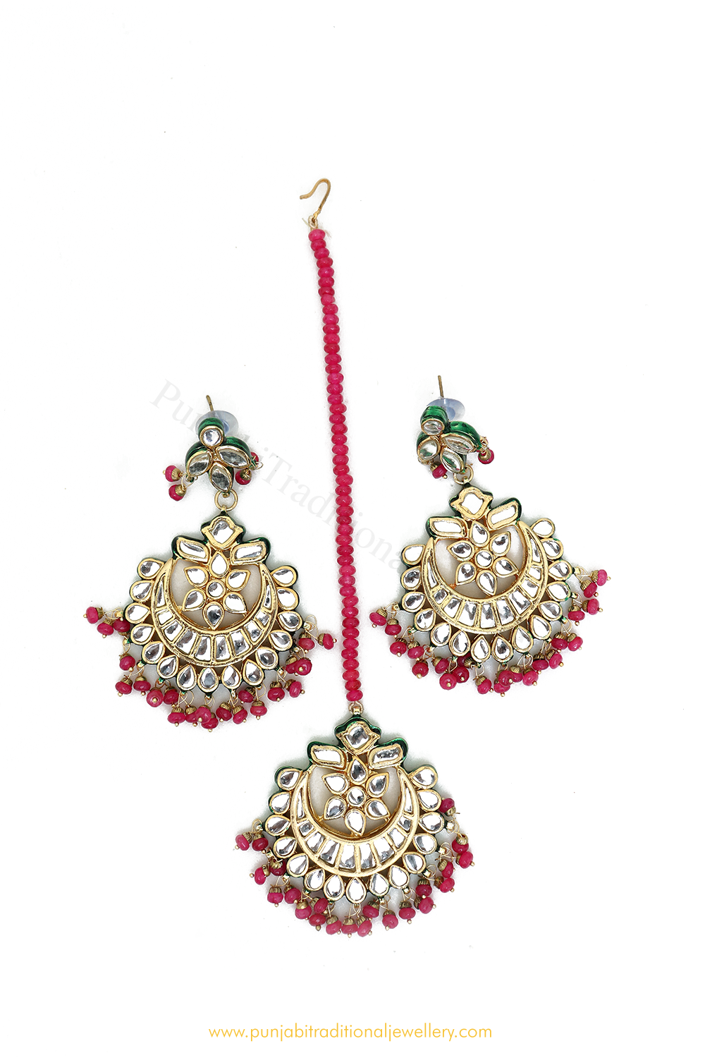 Gold Finished HotPink Kundan Earring Tikka Set By PTJ