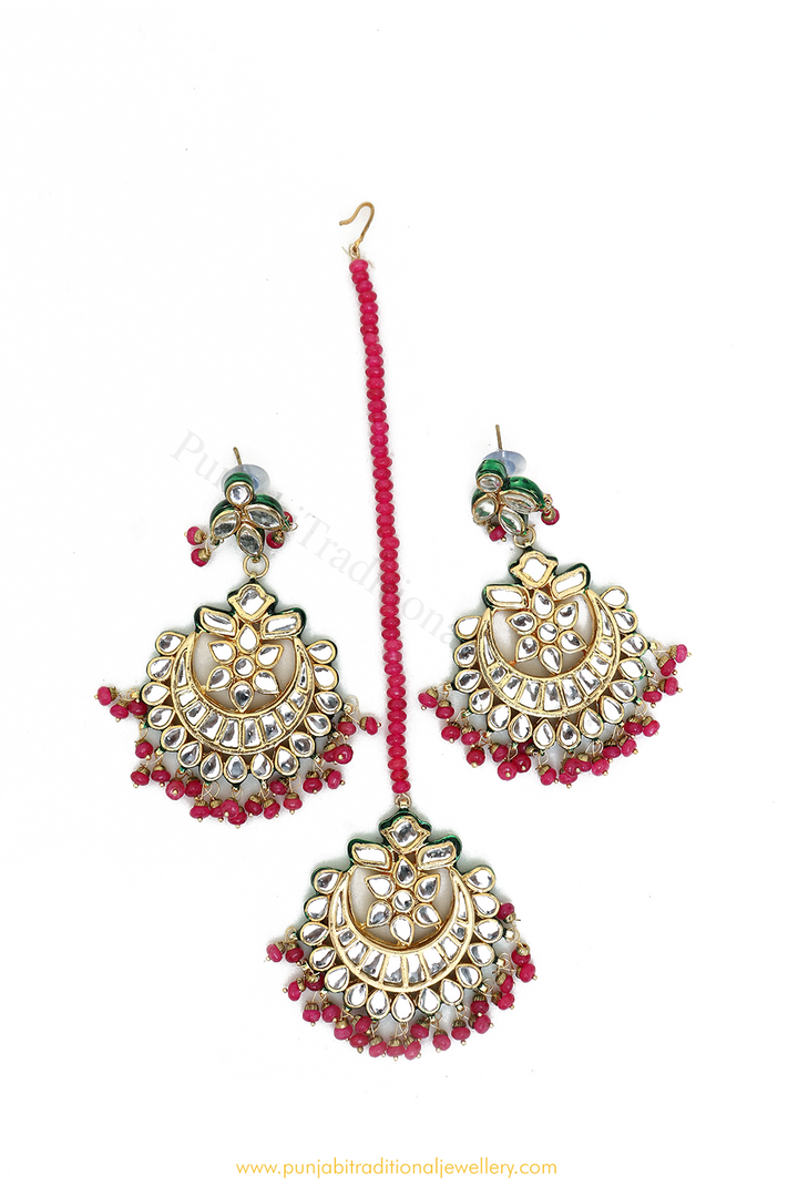 Gold Finished HotPink Kundan Earring Tikka Set By PTJ