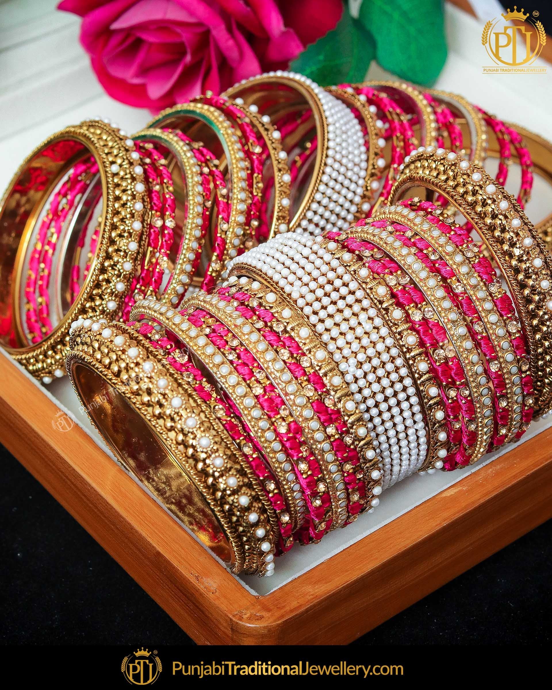 Magenta Antique Pearl Bangles Set (Both Hand Pair) | Punjabi Traditional Jewellery Exclusive