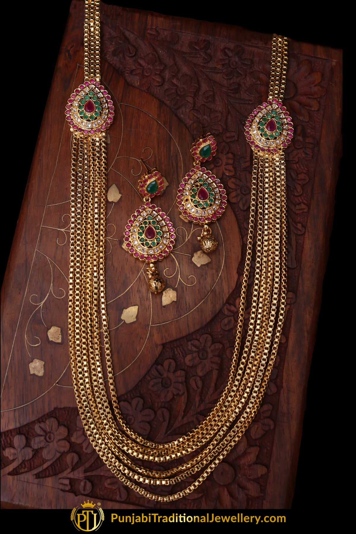 Green Red Polki Antique Gold Necklace Set By Punjabi Traditional Jewellery