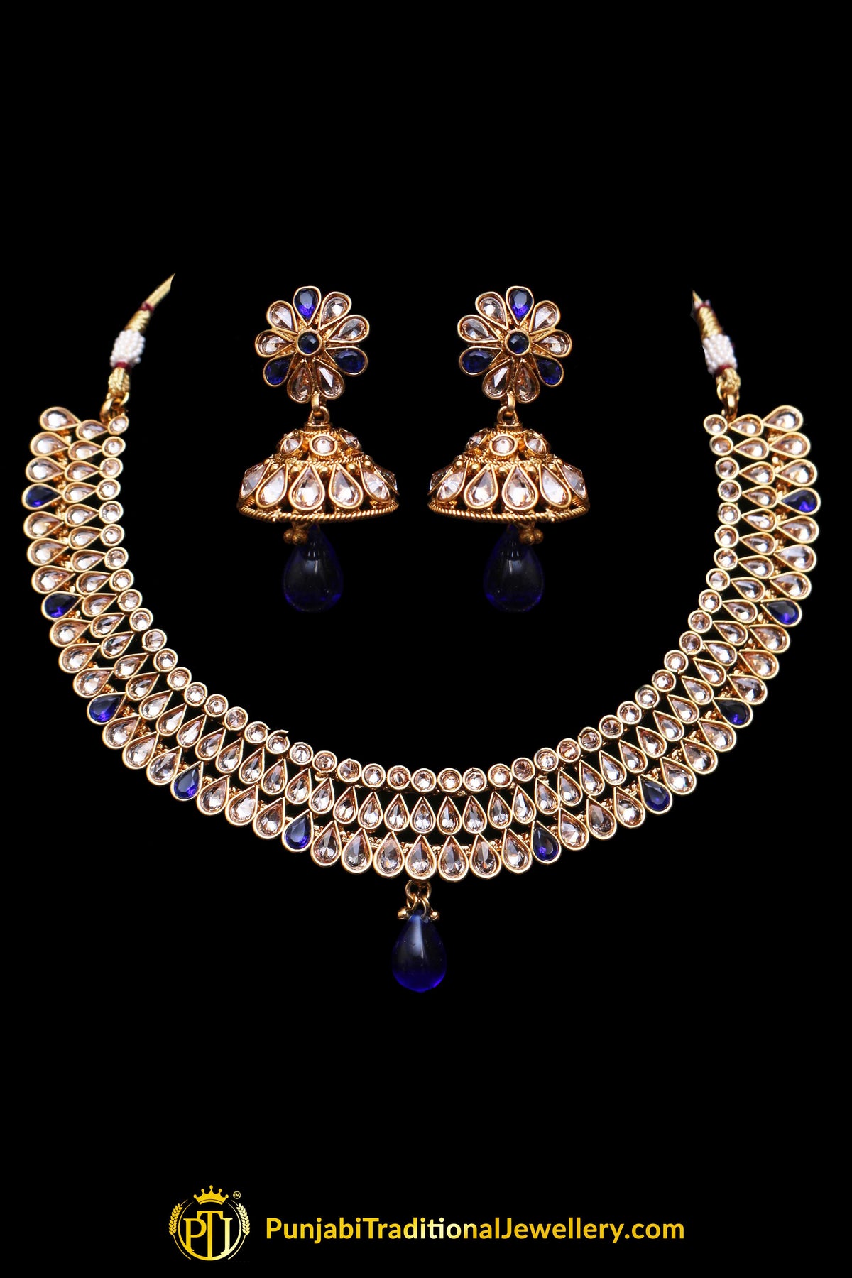 Blue Polki Necklace Set By Punjabi Traditional Jewellery
