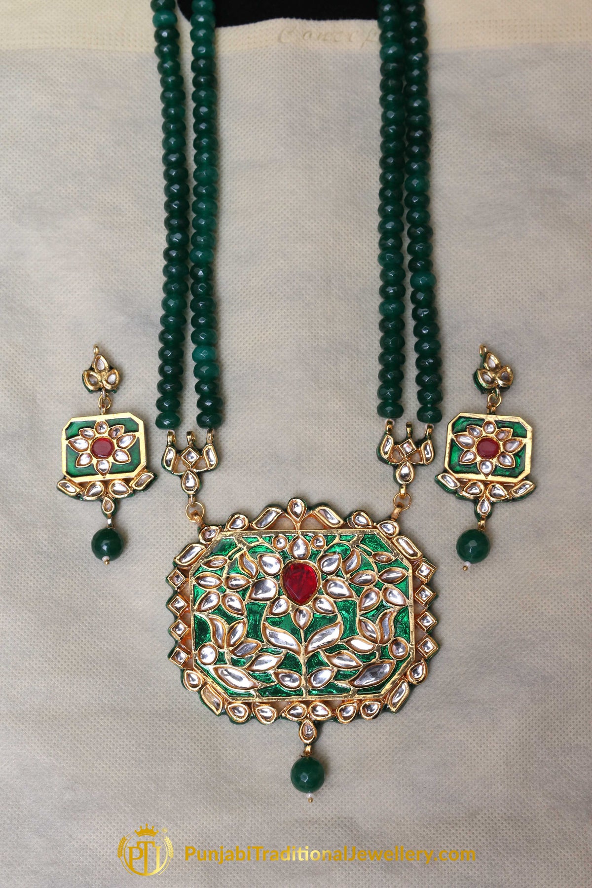 Green Kundan Mala Meena Necklace Set By Punjabi Traditional Jewellery