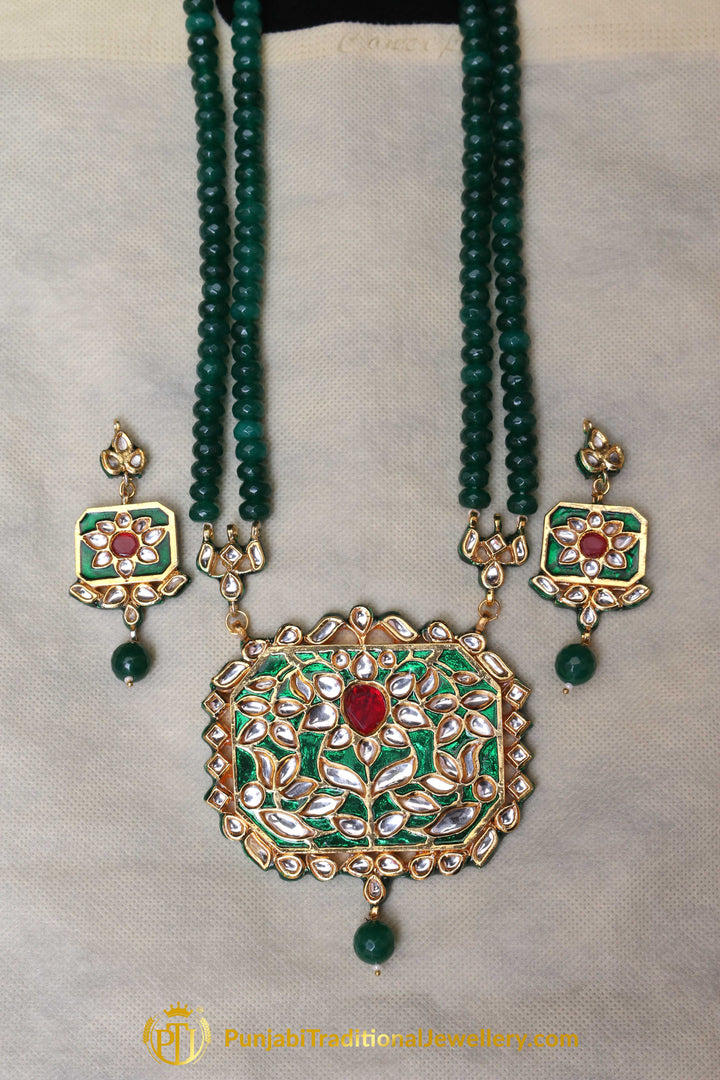 Green Kundan Mala Meena Necklace Set By Punjabi Traditional Jewellery