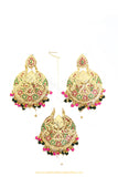 Gold Finished Jadau Rubby Emerald Earring Tikka Set By PTJ