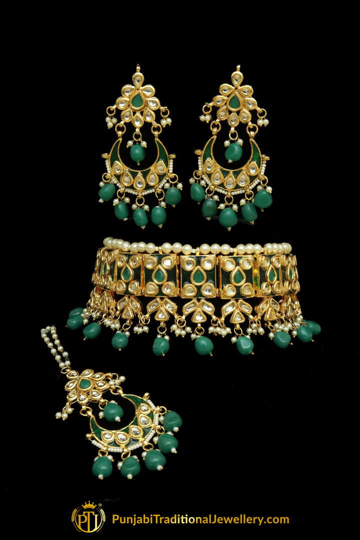 Emerald Meena Kundan Pearl Choker Necklace Set By Punjabi Traditional Jewellery