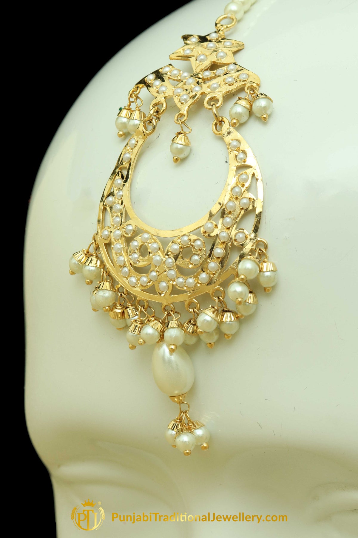 Golden Jadau Pearl Earring Tikka Set By Punjabi Traditional Jewellery