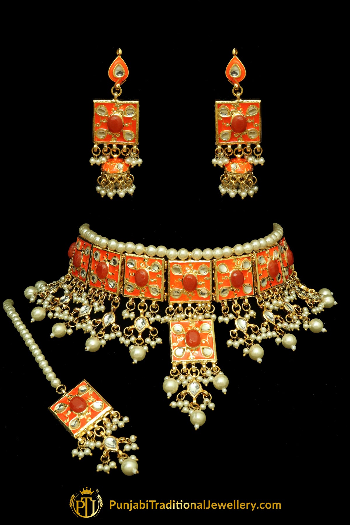 Orange Meena Kundan Pearl Choker Necklace Set By Punjabi Traditional Jewellery